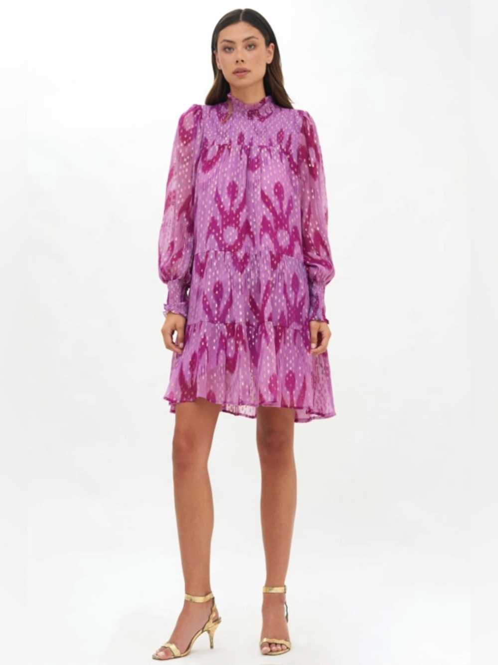 Oliphant Smocked Neck Mini Dress Chitka Lilac Metallic Gold size Xs